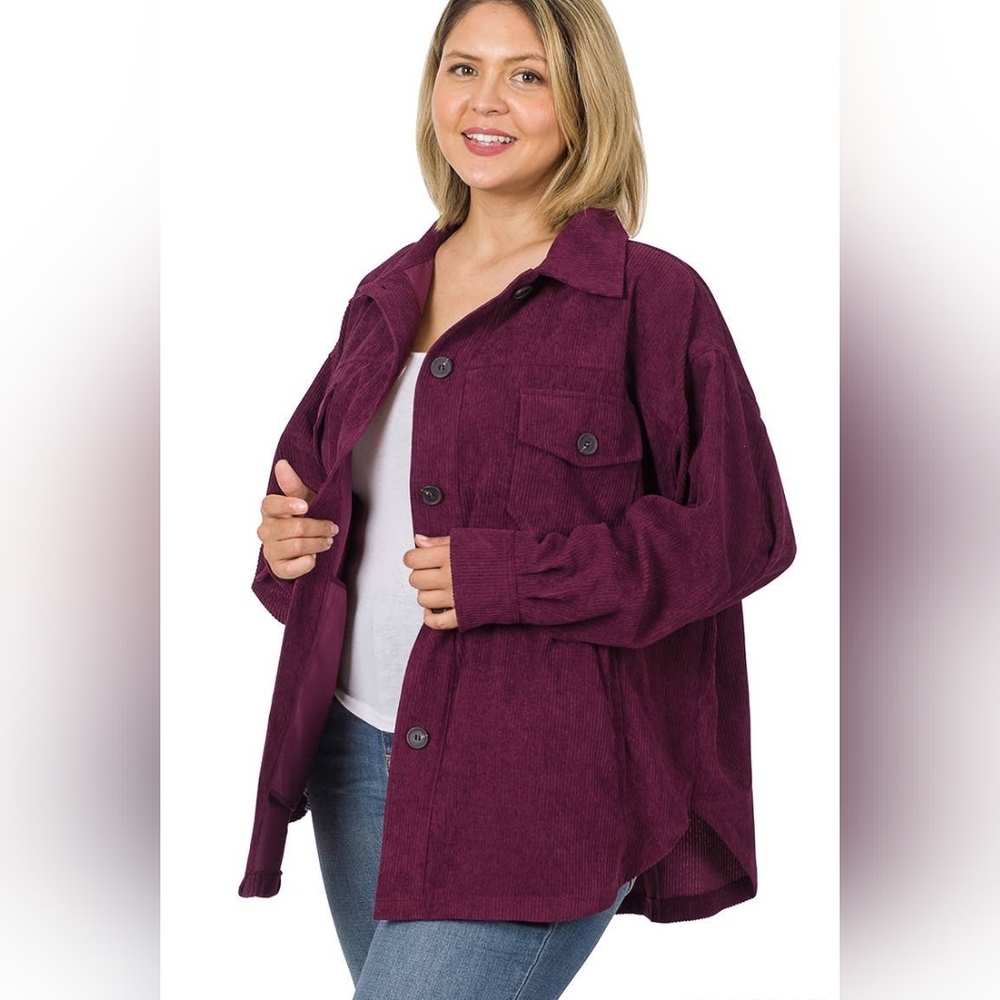 Corduroy Button Front Shacket Dk Burgundy